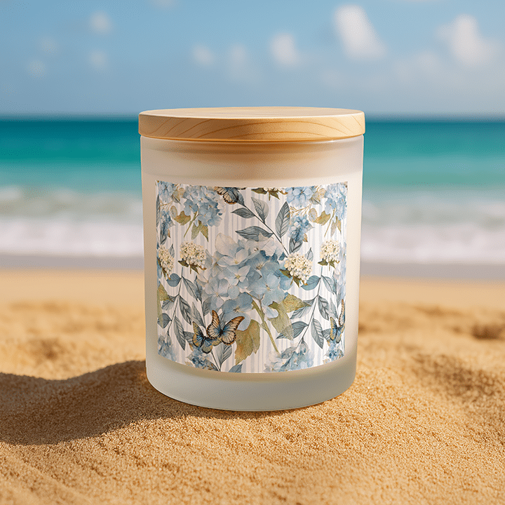 Blue Botanical Striped Frosted Candle Personalized Watercolor Hydrangea Coastal Design Nantucket Home Decor Something Blue Wedding Gift