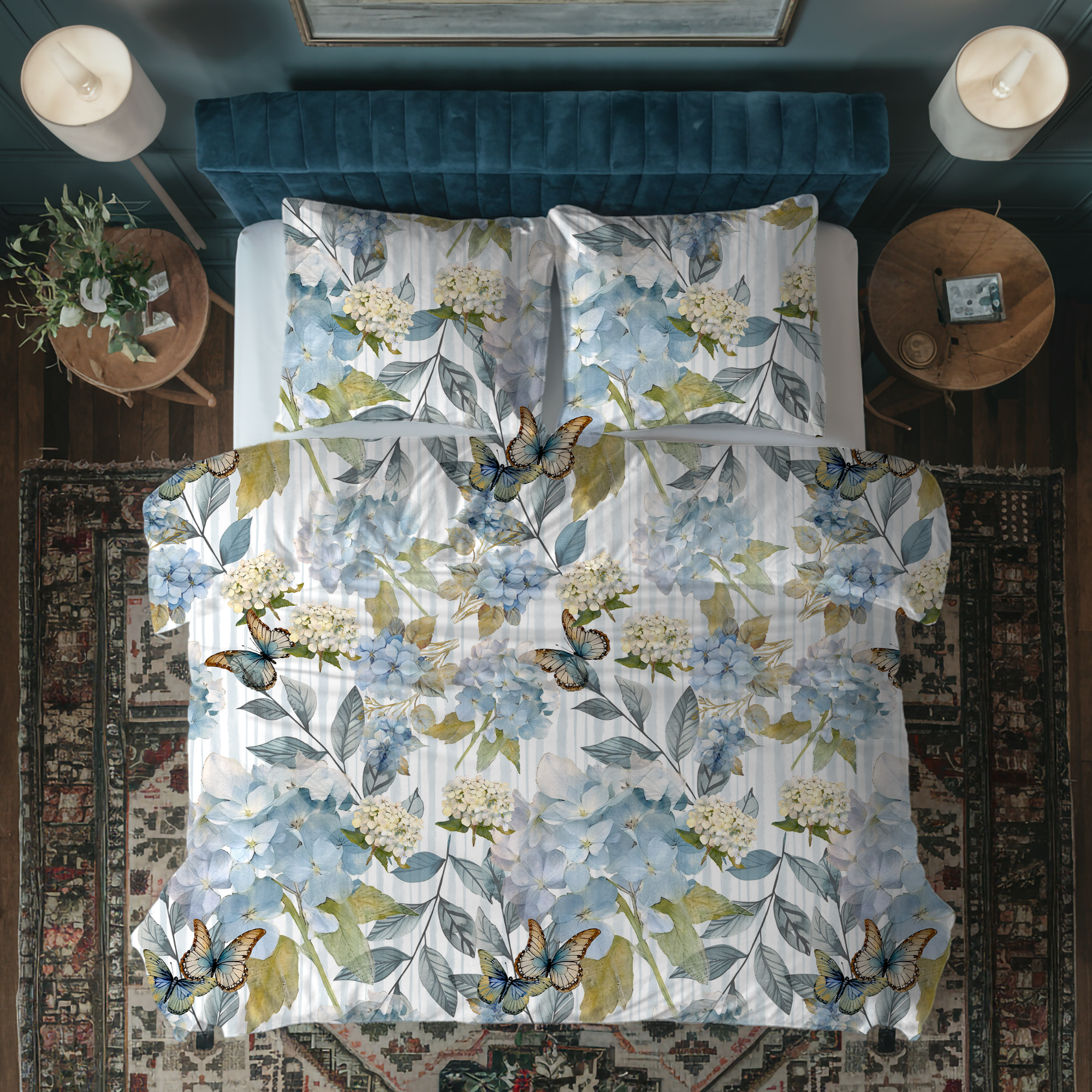 Blue Hydrangea Duvet Cover Set Bedroom Makeover Cottage Style Butterfly Bedroom Decor Inspiration Floral Design Watercolor Print Microfiber