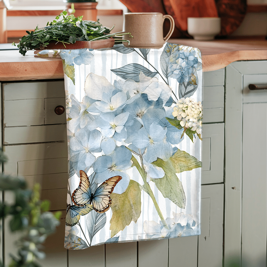 Hydrangea Kitchen Tea Towel Blue Floral Watercolor Art Butterfly Accent Farmhouse Cottage Style Textile Gift Coastal Housewarming Present