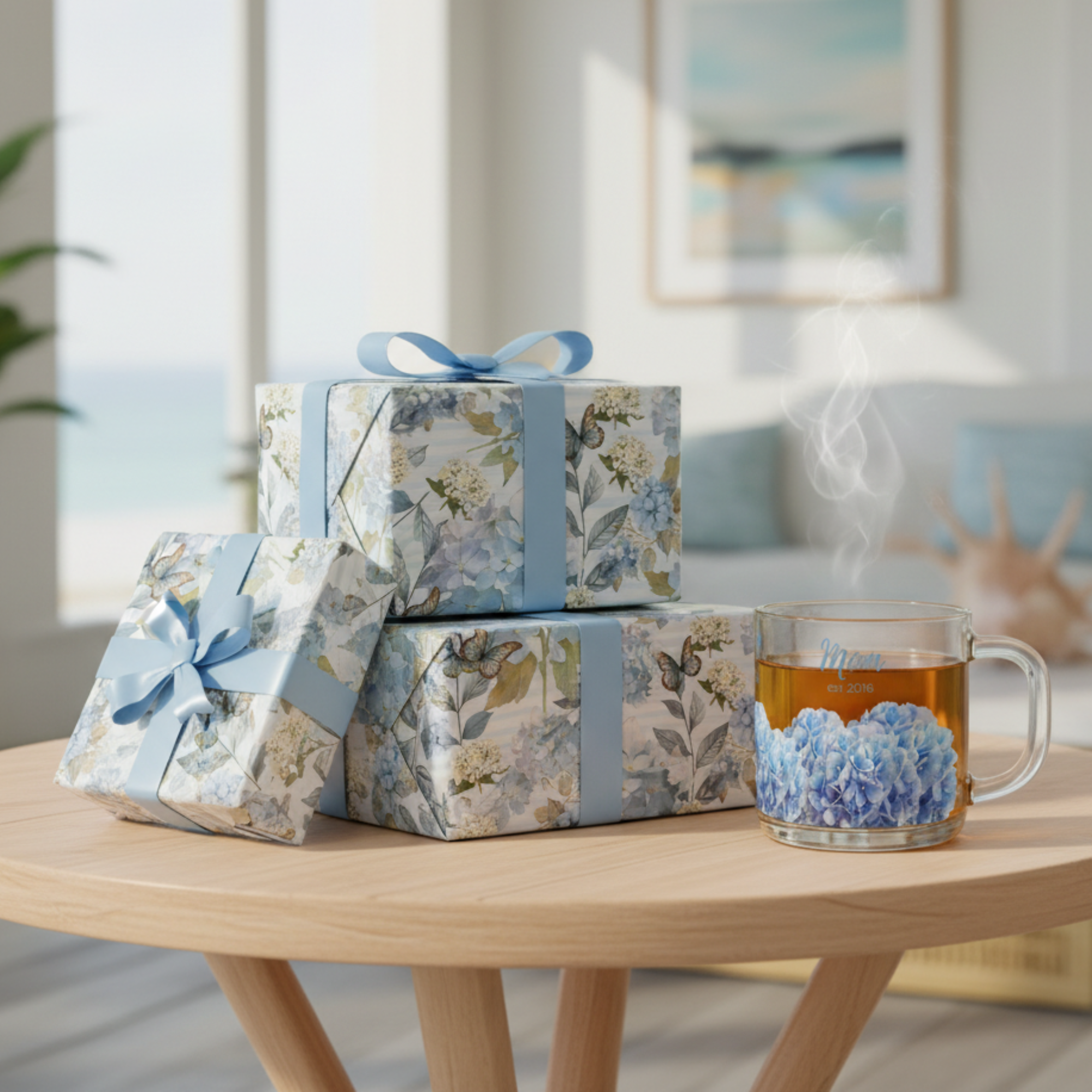 Botanical Wrapping Paper Blue Hydrangea Watercolor Floral Bouquet Gift Wrap Flower Stripe Print Design Papery Roll Artistic Paperie Cover