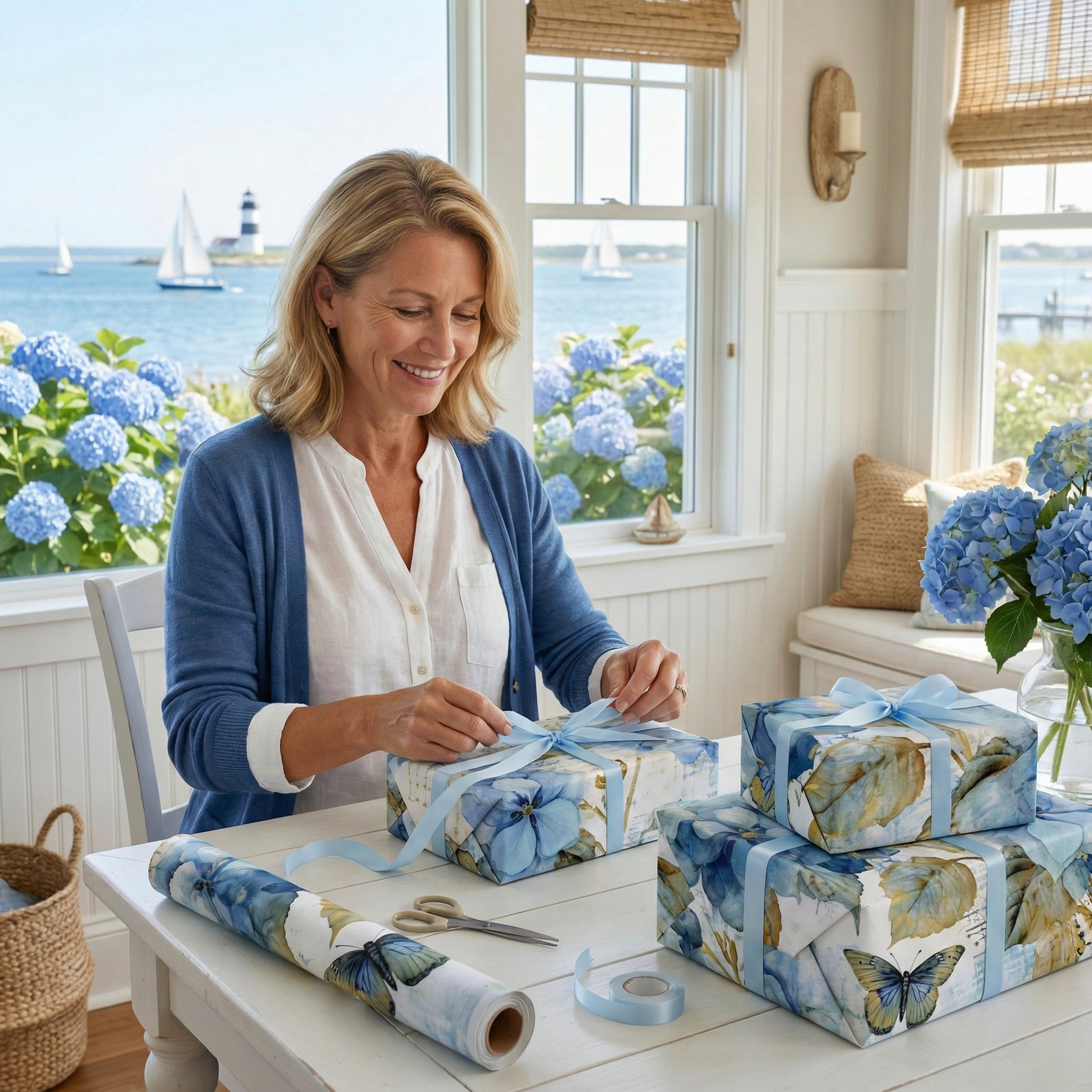 Hydrangea Wrapping Paper Blue Botanical Gift Wrap Roll Flower Lover Nantucket Style Garden Present Packaging Floral Vintage Inspired Cover